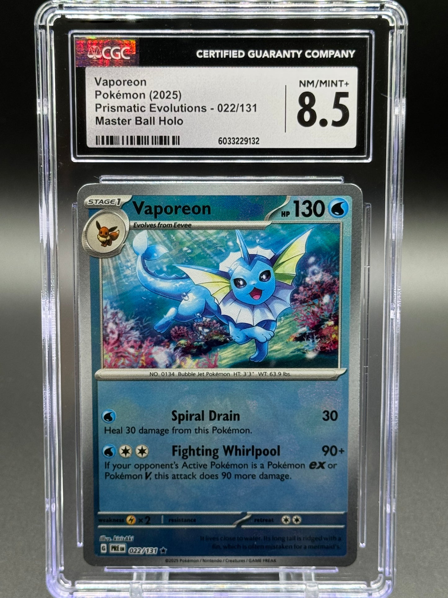 Pokemon TCG Vaporeon | Prismatic Evolutions 022/131 Masterball Holo | CGC Graded NM/MINT+ 8.5