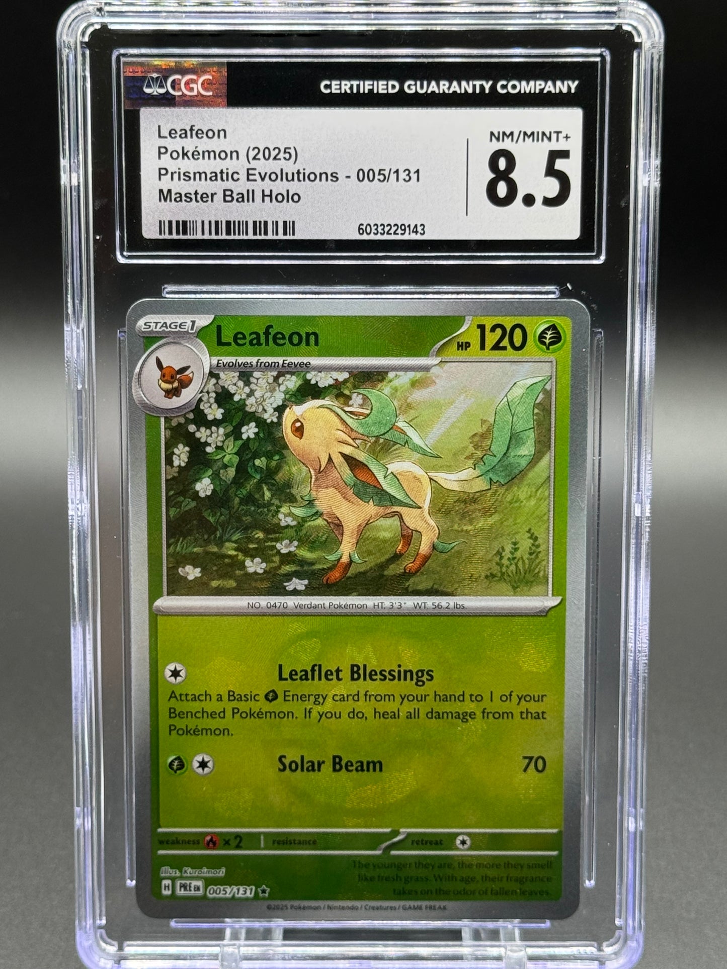 Pokemon TCG Leafeon | Prismatic Evolutions 005/131 Masterball Holo | CGC Graded NM/MINT+ 8.5