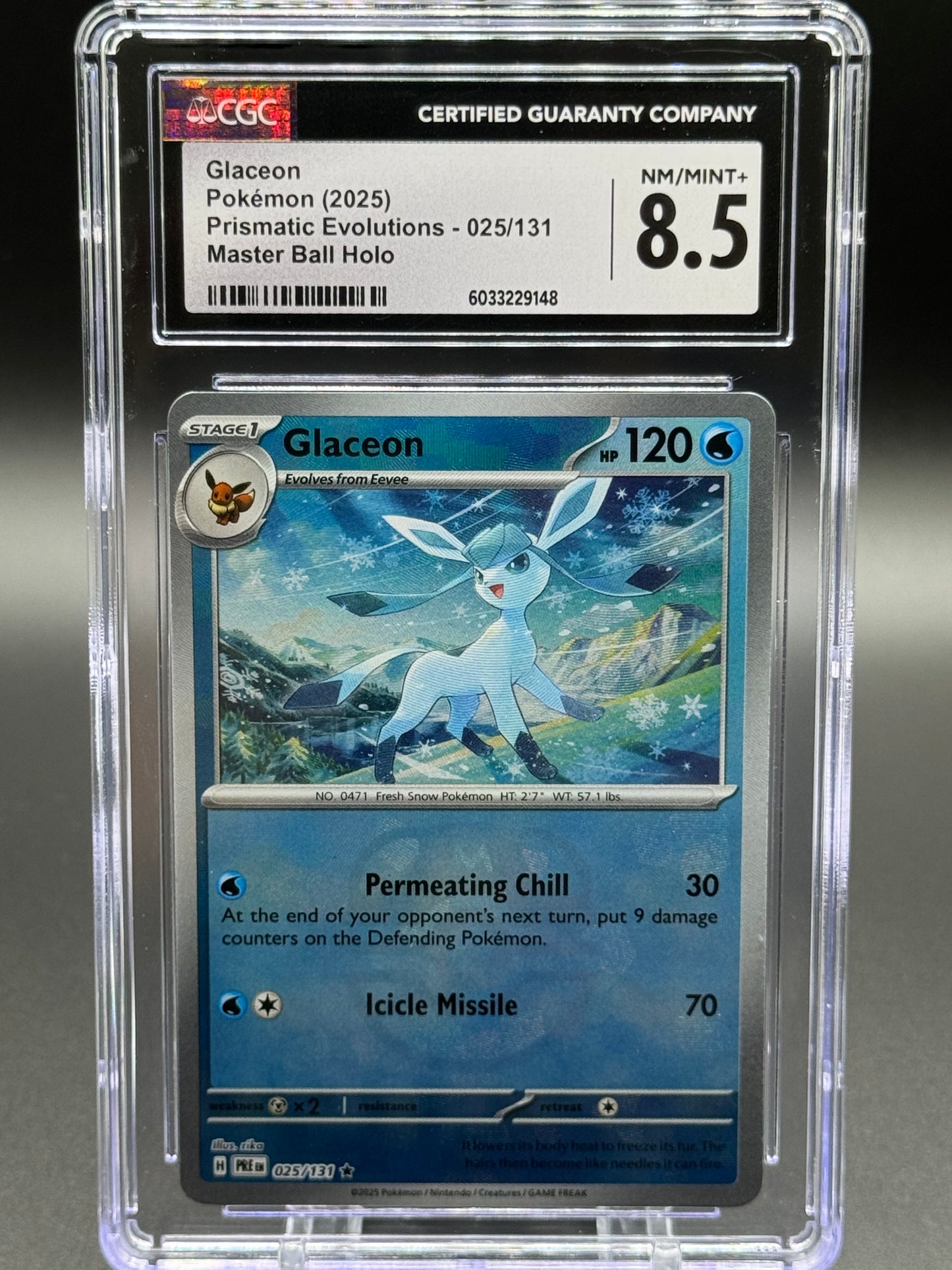 Pokemon TCG Glaceon | Prismatic Evolutions 025/131 Masterball Holo | CGC Graded NM/MINT+ 8.5
