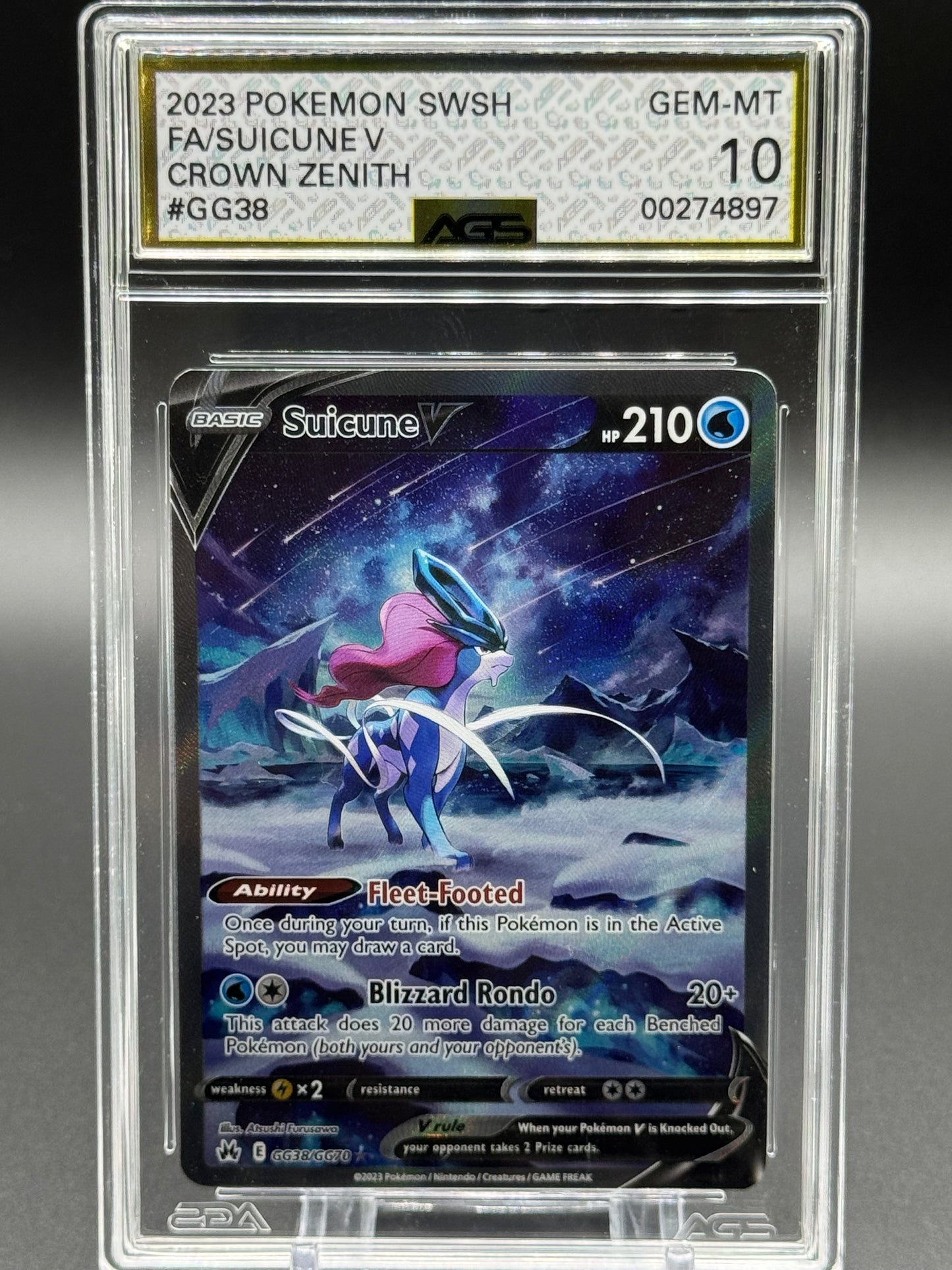 Pokemon TCG Suicune V | Crown Zenith Galarian Gallery GG38/GG70 | AGS Graded GEM-MT 10