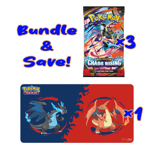 Bundle Deal - 3 Chaos Rising Loose Booster Packs + 1 Playmat: Pokémon: Mega Charizard