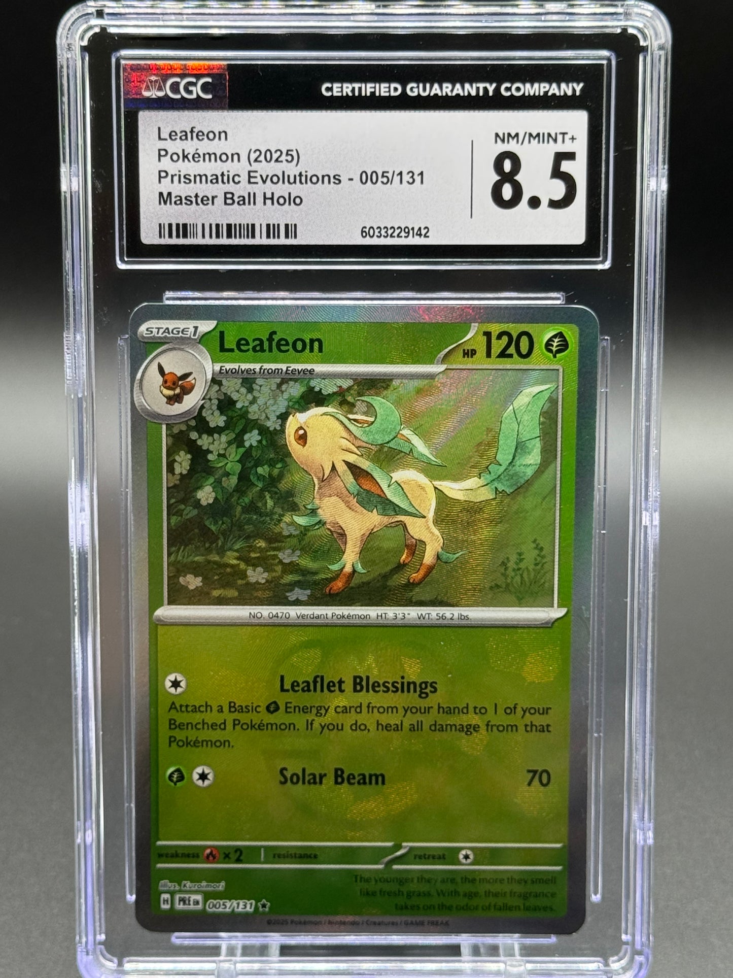 Pokemon TCG Leafeon | Prismatic Evolutions 005/131 Masterball Holo | CGC Graded NM/MINT+ 8.5