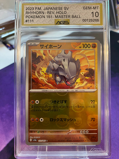 Japanese Pokemon TCG Rhyhorn | S&V Pokemon 151 sv2a #111 Master Ball Reverse Holo | AGS Graded GEM-MT 10 GOLD LABEL!