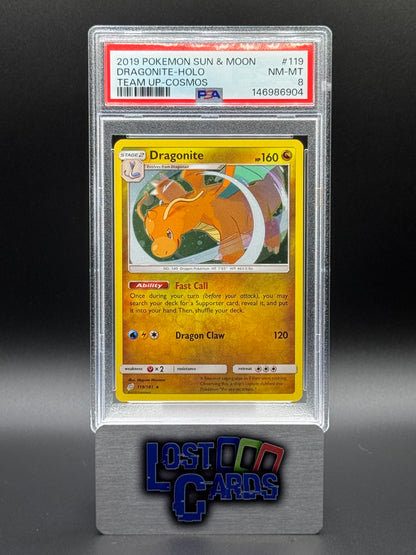 Pokemon TCG Dragonite | Team Up Cosmos Holo 119/181 | PSA Graded NM-MT 8