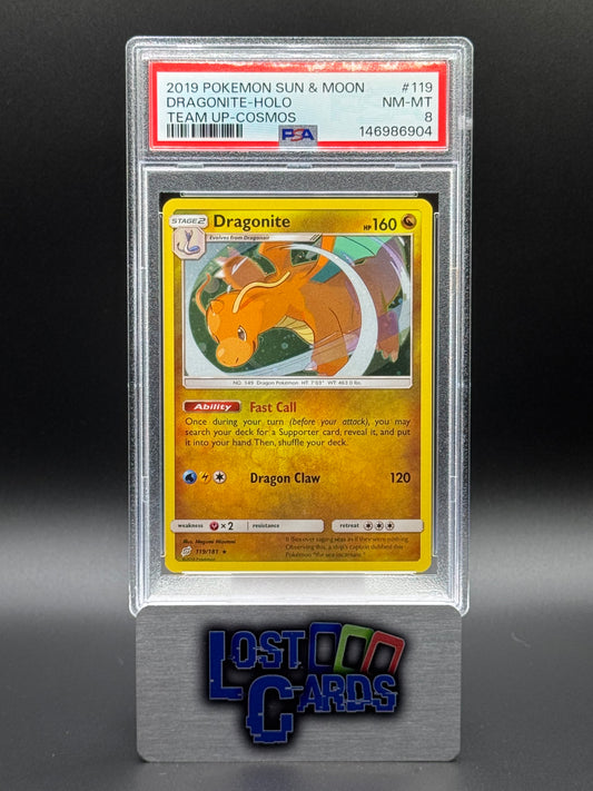 Pokemon TCG Dragonite | Team Up Cosmos Holo 119/181 | PSA Graded NM-MT 8